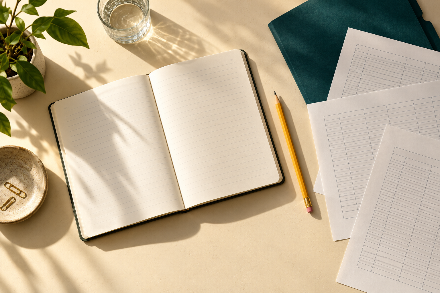 Planning papers and a notebook ready for a decision review